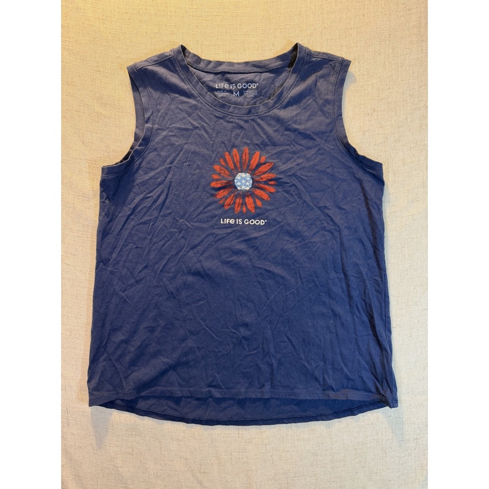 Life is Good Womens Navy Blue Patriotic Daisy Muscle Tank Top Size Medium